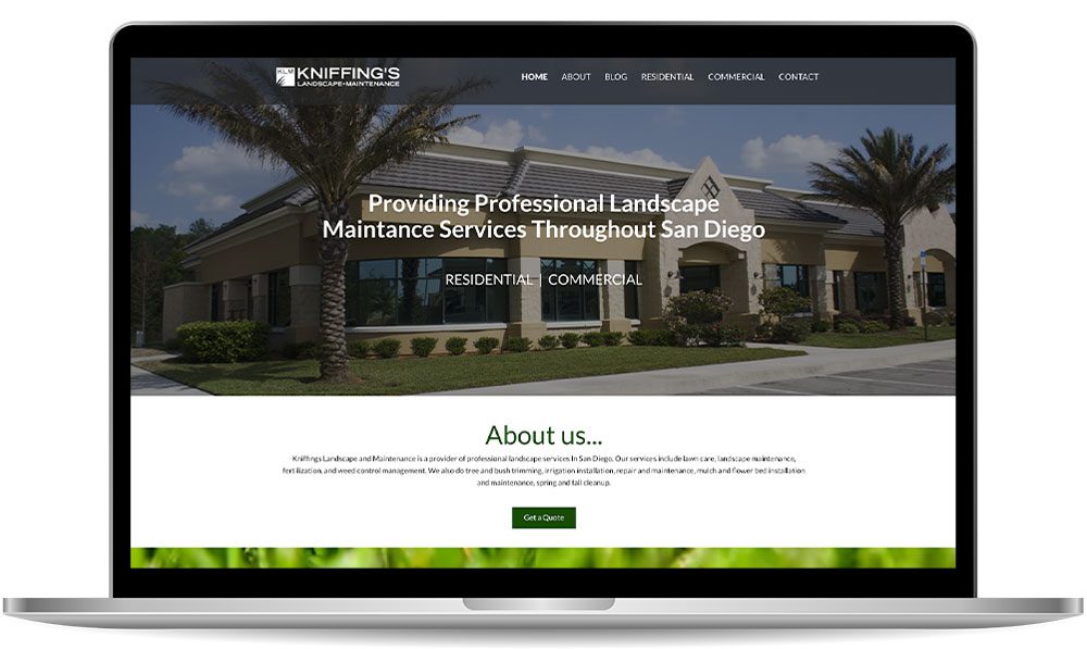 landscapers A laptop screen displaying a landscaping service website with the text "Providing Professional Landscape Maintenance Services Throughout San Diego" and a building with palm trees in the background.