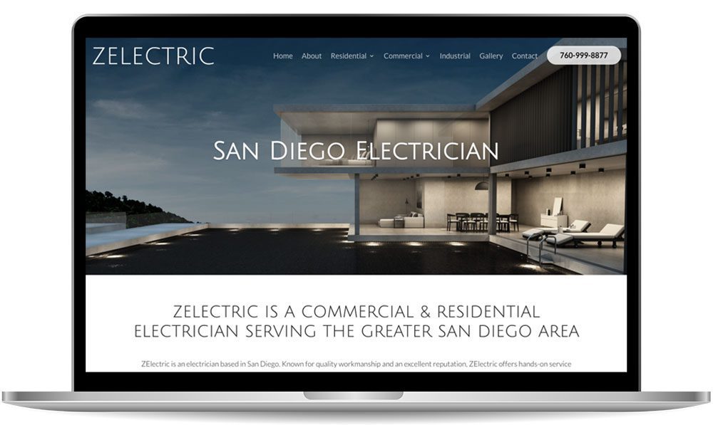 zelectric A laptop displays the homepage of an electrician company named "ZELECTRIC" with text "San Diego Electrician" and contact information on the screen.