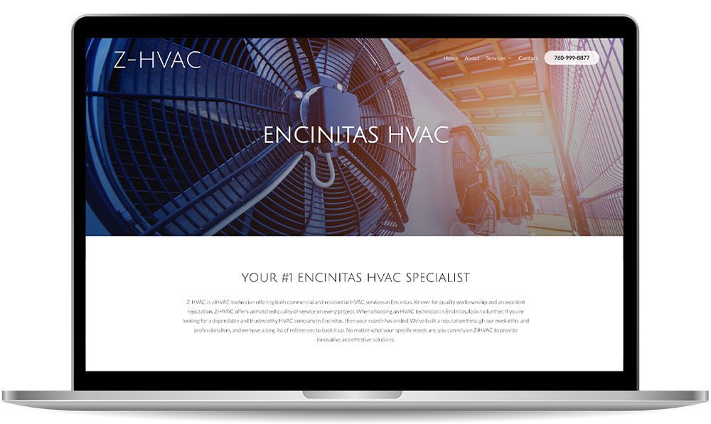 zhvac Laptop screen displaying a Z-HVAC webpage with large fans in the background and the text "Encinitas HVAC" prominently featured. Contact number is shown in the top right corner.