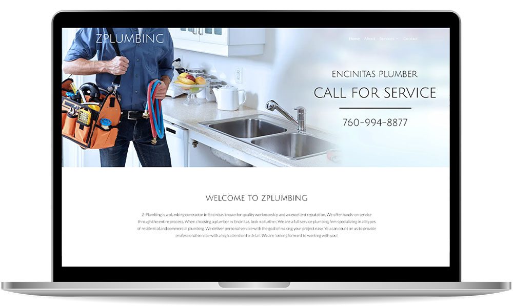 zplumbing Laptop displaying a website for ZPlumbing with an image of a plumber holding a tool bag, a title "Encinitas Plumber, Call for Service," and a phone number 760-994-8877.