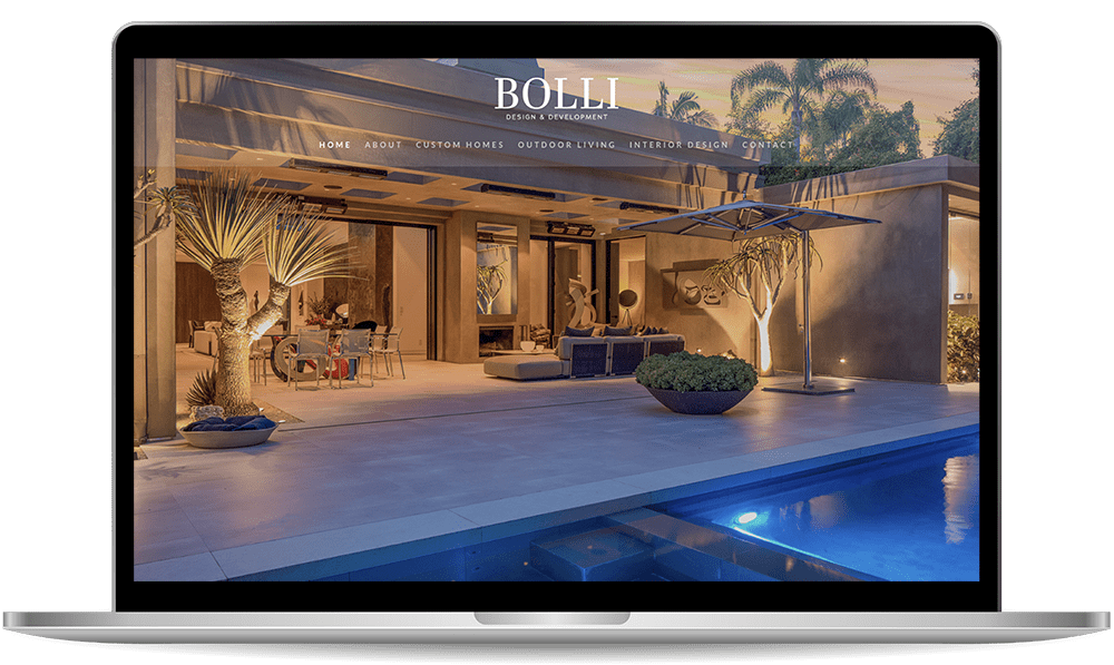 bolli A laptop screen displays the homepage of a website for Bolli Design and Development, featuring a modern house with an outdoor living space and a pool at dusk.