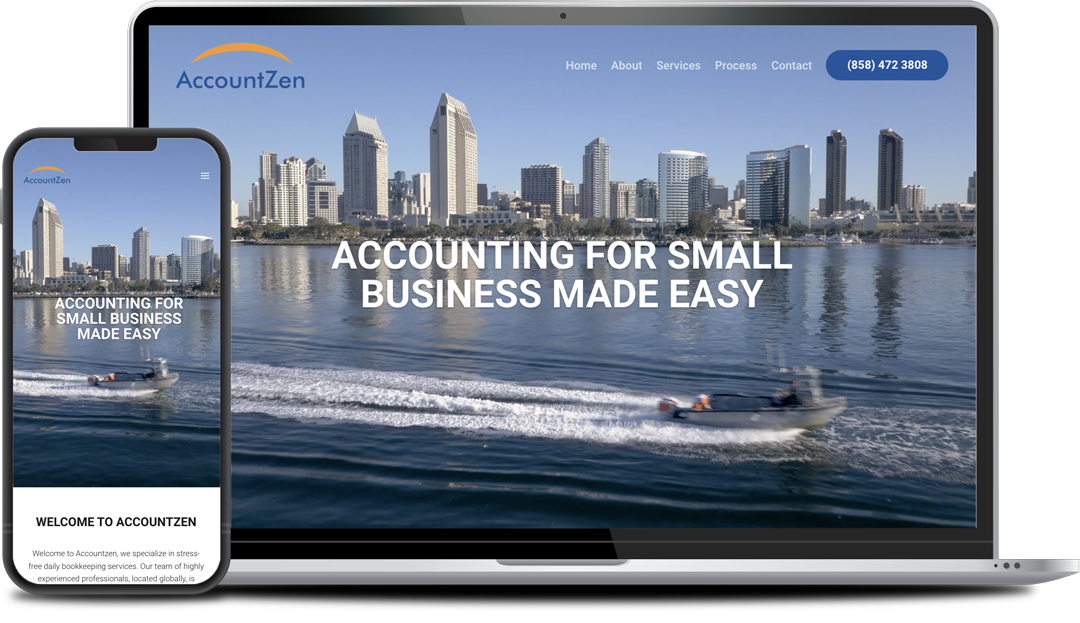 accountants A laptop and smartphone displaying the AccountZen website, featuring a city skyline and a boat on the water. The text reads "Accounting for Small Business Made Easy.