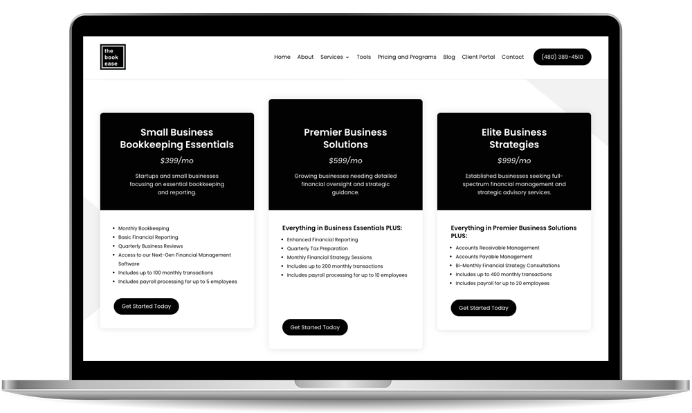 bookease Laptop screen displaying three business service plans: Small Business Bookkeeping Essentials, Premier Business Solutions, and Elite Business Strategies, with prices and features listed.