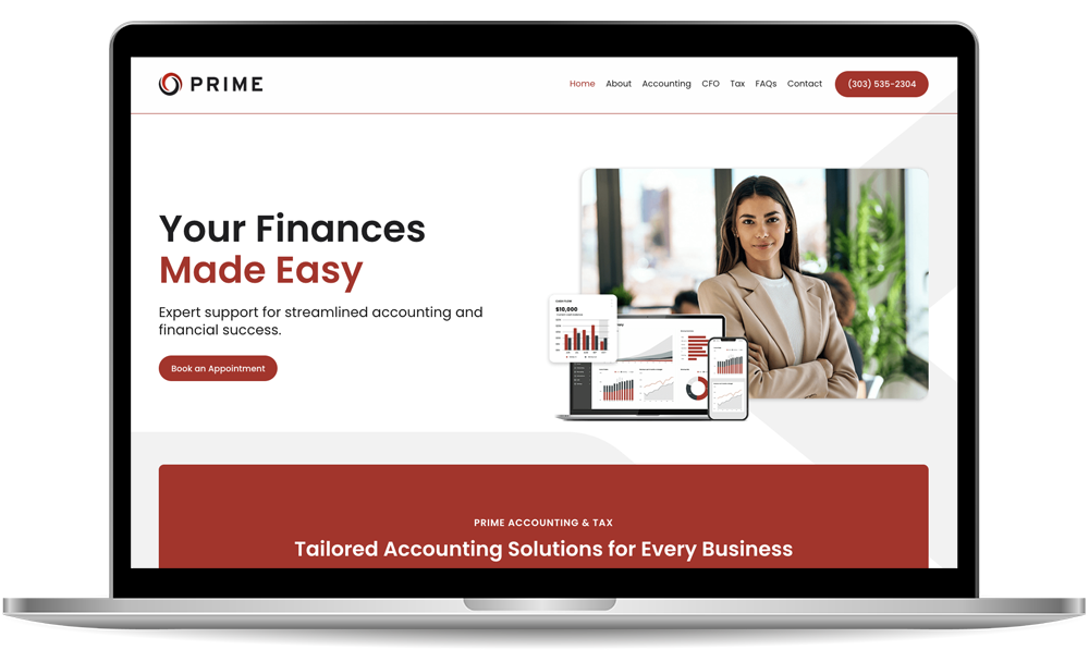 primer-accounting Laptop displaying a financial consulting website with a tagline "Your Finances Made Easy" and an image of a confident professional woman.